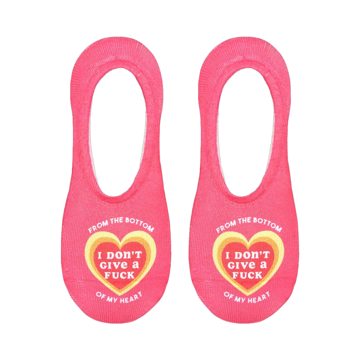 Close-up shot of the socks, highlighting the heart design with 'I don't give a fuck' text.