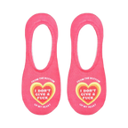 Close-up shot of the socks, highlighting the heart design with 'I don't give a fuck' text.