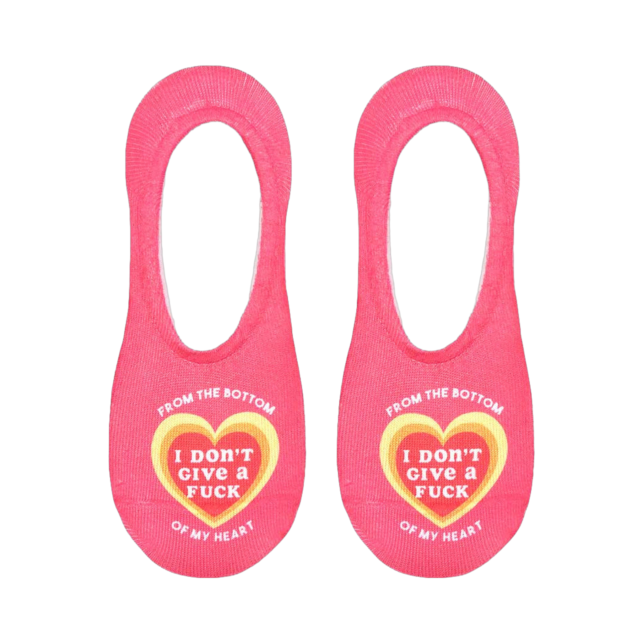 Close-up shot of the socks, highlighting the heart design with 'I don't give a fuck' text.