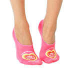 Pair of pink no-show socks.  Features a heart design with the text 'I don't give a fuck' on the sole. [lf]