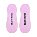Flatlay product shot showing both 'Nap Queen' no-show socks. The socks are light purple with black text that says 'Living Royal' on the soles.