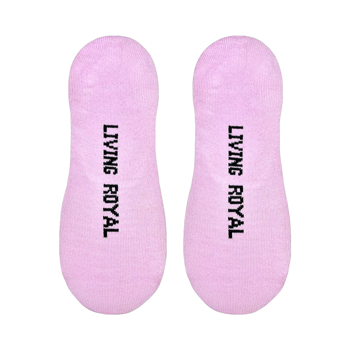 Flatlay product shot showing both 'Nap Queen' no-show socks. The socks are light purple with black text that says 'Living Royal' on the soles.