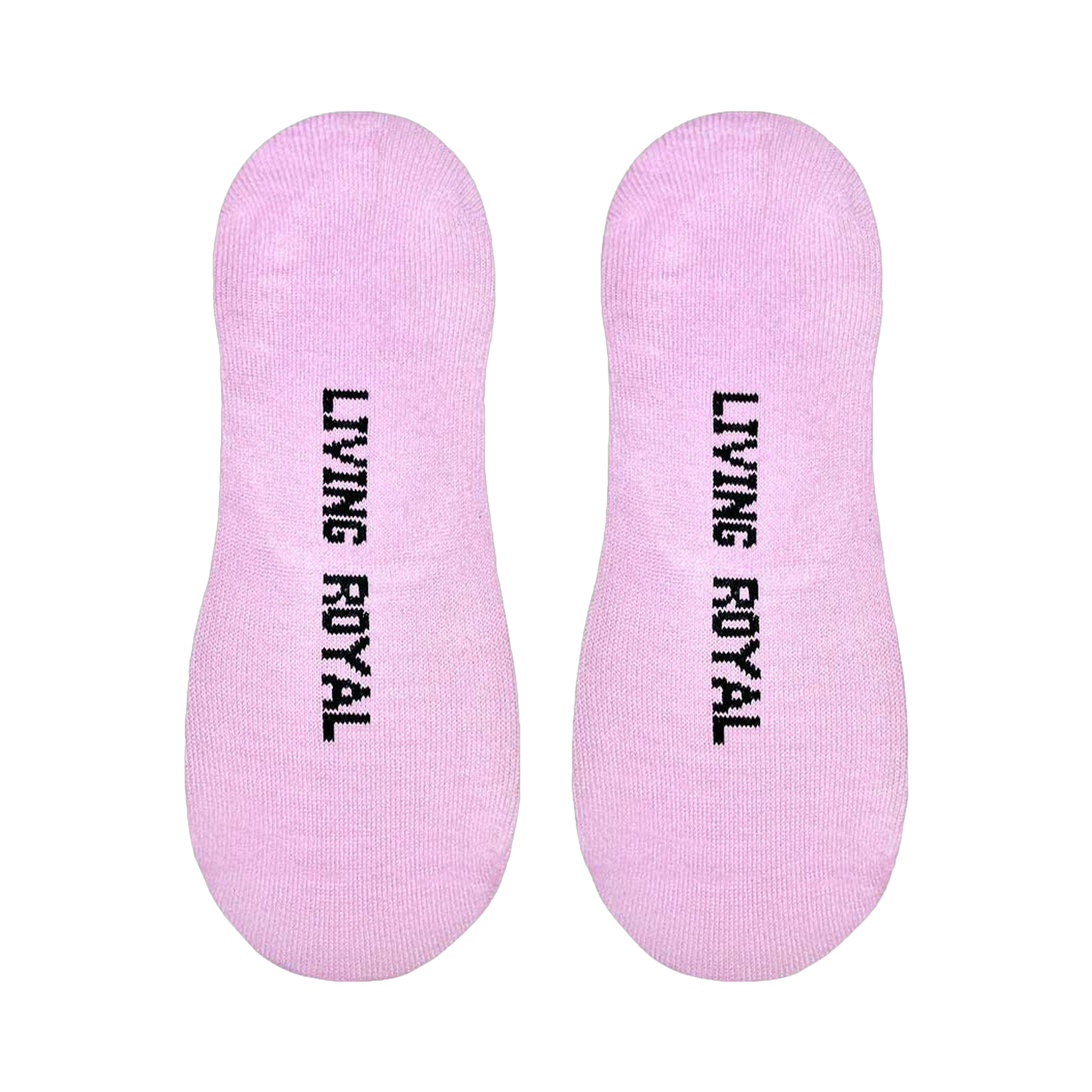 Flatlay product shot showing both 'Nap Queen' no-show socks. The socks are light purple with black text that says 'Living Royal' on the soles.