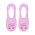 Close-up product shot showing the detail of the 'Nap Queen' design on the no-show socks. The socks are light purple with yellow crown and purple text.