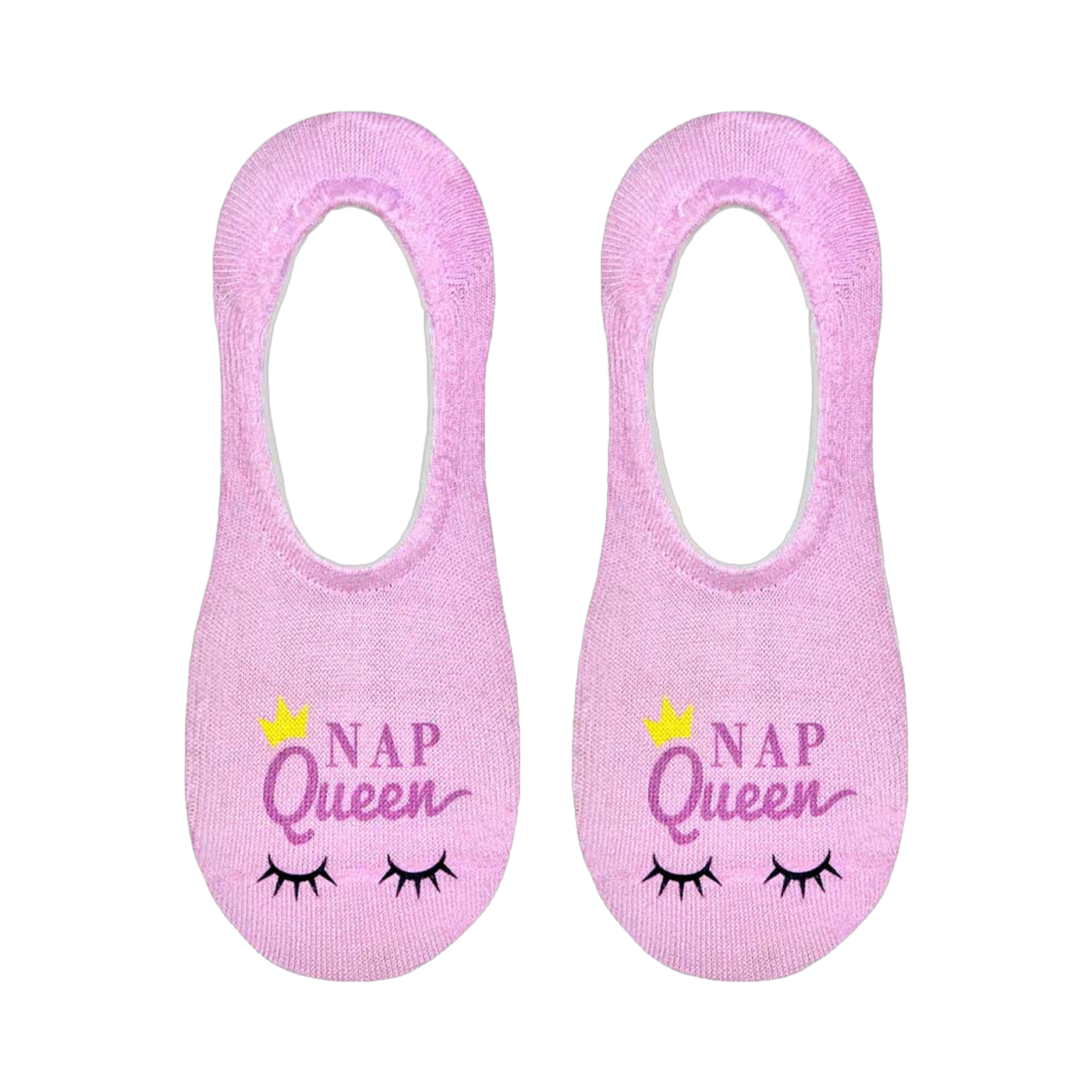 Close-up product shot showing the detail of the 'Nap Queen' design on the no-show socks. The socks are light purple with yellow crown and purple text.