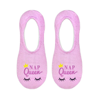 Close-up product shot showing the detail of the 'Nap Queen' design on the no-show socks. The socks are light purple with yellow crown and purple text.