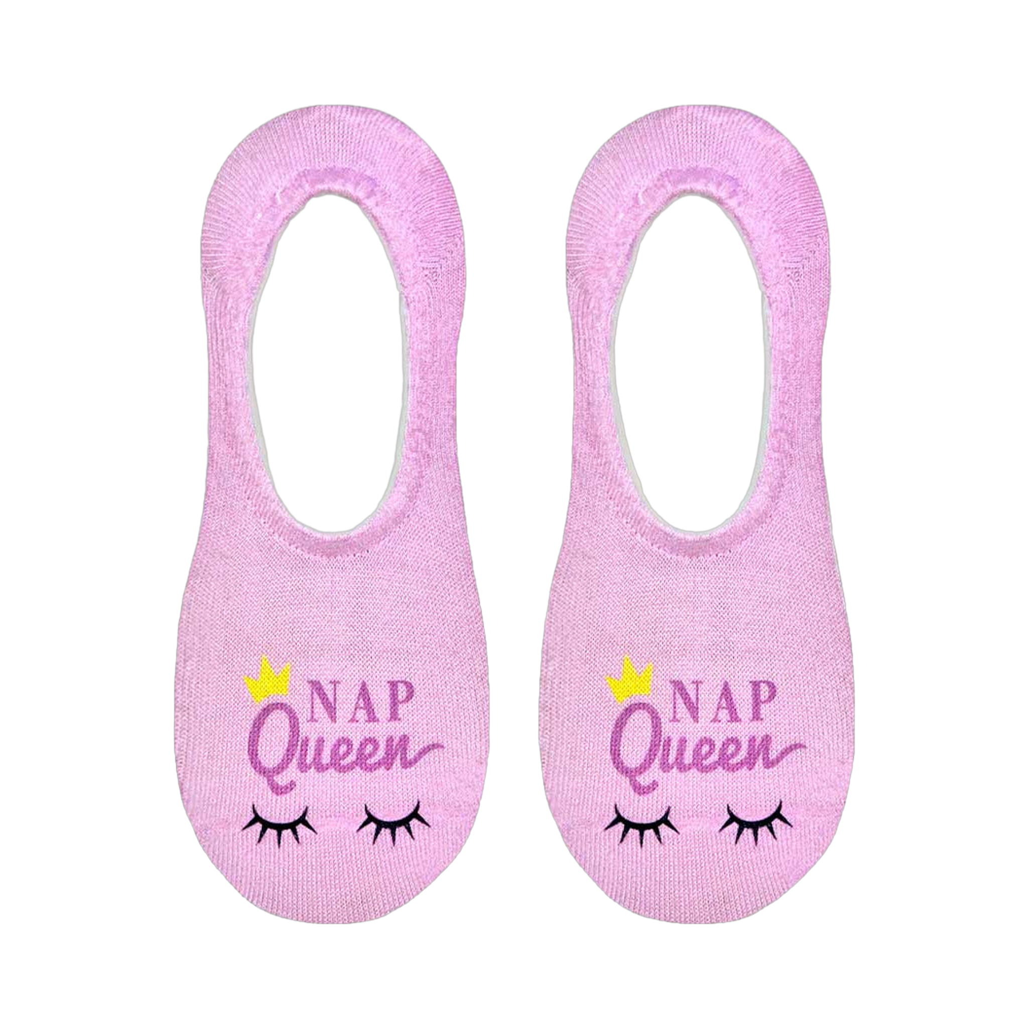 Close-up product shot showing the detail of the 'Nap Queen' design on the no-show socks. The socks are light purple with yellow crown and purple text.