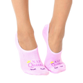 Pair of women's light purple no-show socks.  They feature a small yellow crown and the text 'Nap Queen' in purple, along with a cute eye design. [lf]