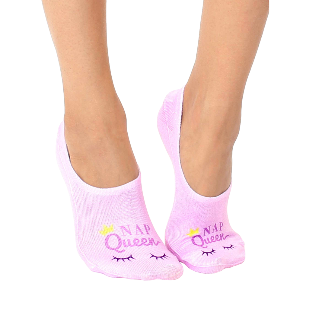 Pair of women's light purple no-show socks.  They feature a small yellow crown and the text 'Nap Queen' in purple, along with a cute eye design. [lf]