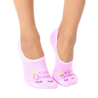 Pair of women's light purple no-show socks.  They feature a small yellow crown and the text 'Nap Queen' in purple, along with a cute eye design. [lf]