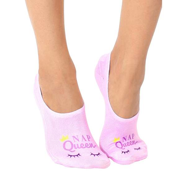 Pair of women's light purple no-show socks.  They feature a small yellow crown and the text 'Nap Queen' in purple, along with a cute eye design. [lf]