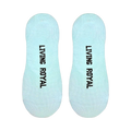 Flatlay image showing the bottoms of the 'Shuh Da Fuh Cup' no-show socks with 'Living Royal' printed on each.