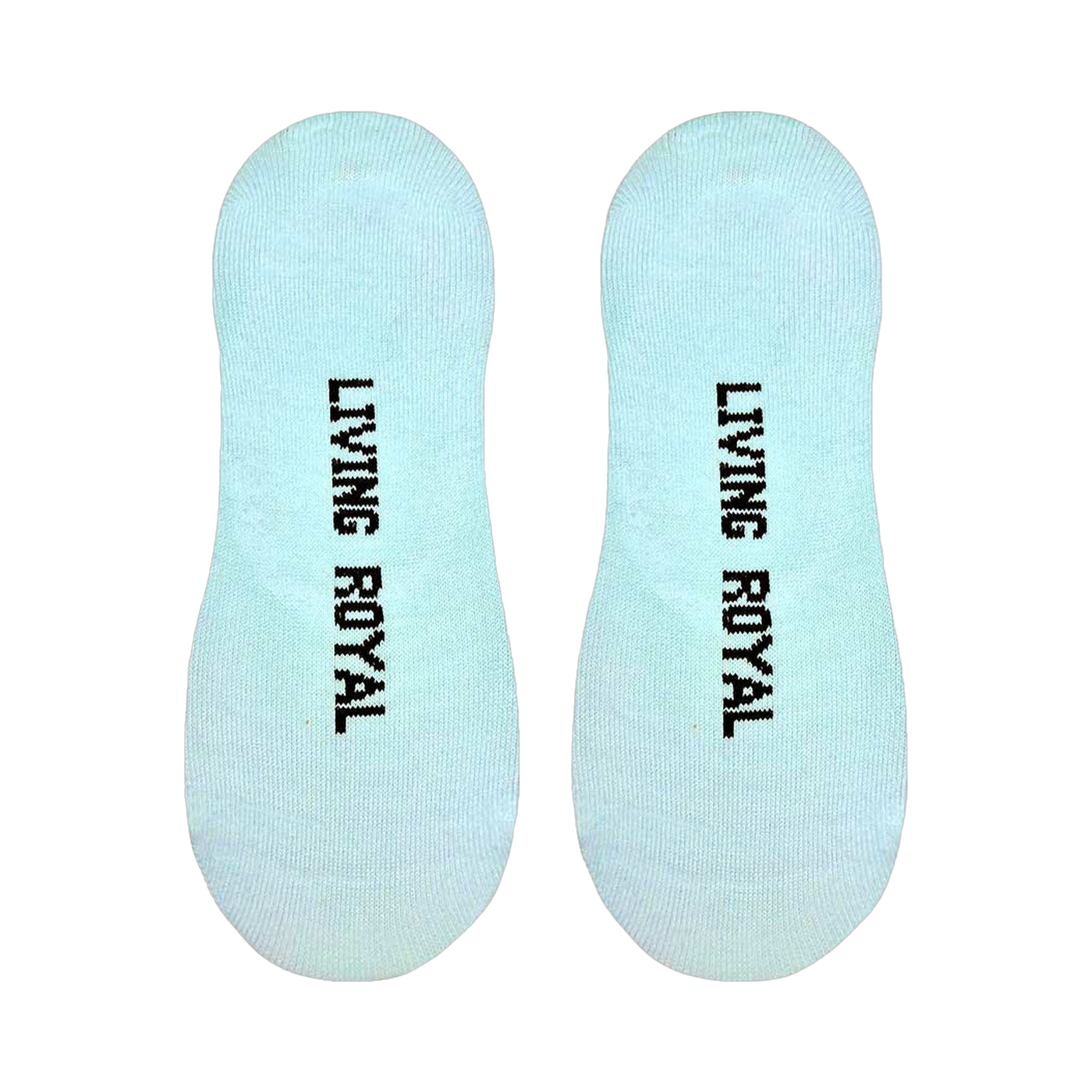 Flatlay image showing the bottoms of the 'Shuh Da Fuh Cup' no-show socks with 'Living Royal' printed on each.