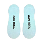 Flatlay image showing the bottoms of the 'Shuh Da Fuh Cup' no-show socks with 'Living Royal' printed on each.