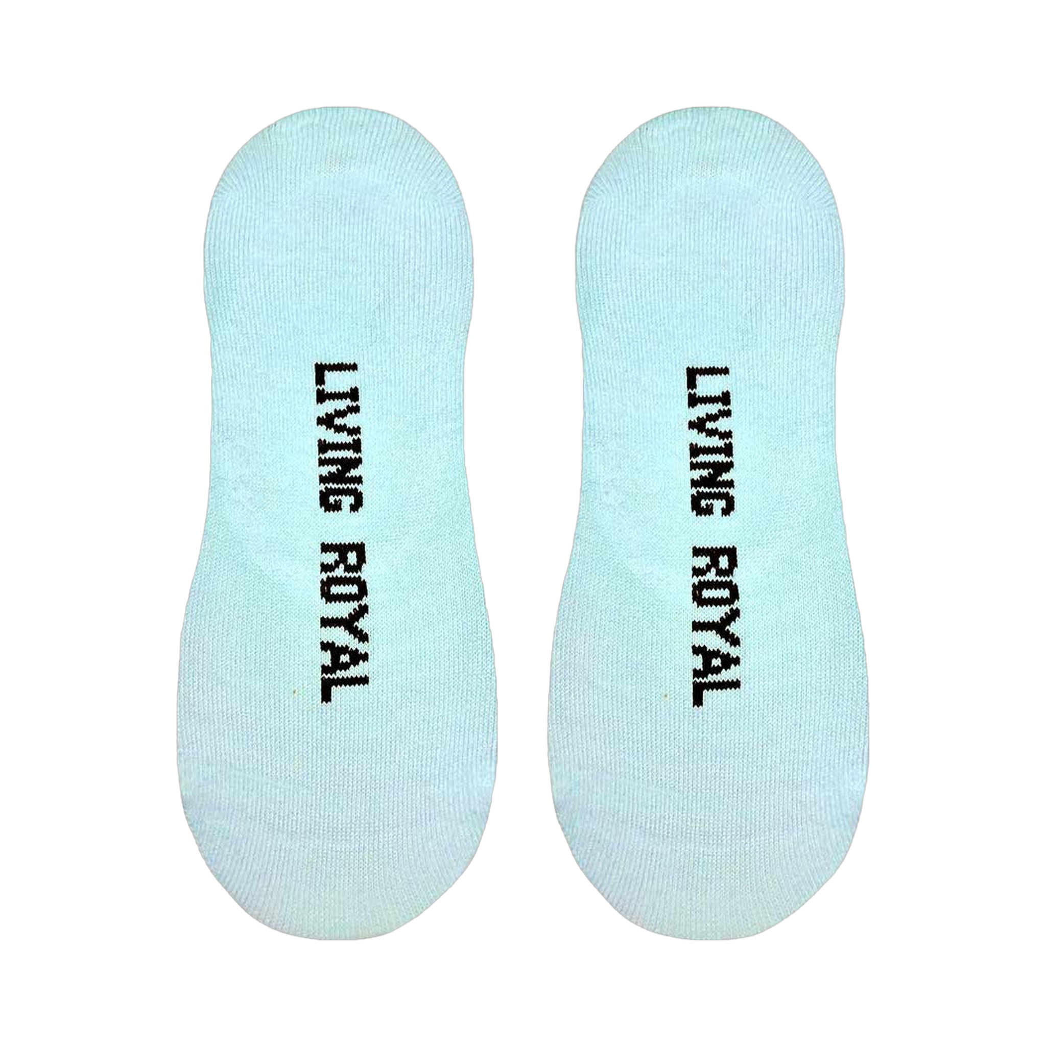 Flatlay image showing the bottoms of the 'Shuh Da Fuh Cup' no-show socks with 'Living Royal' printed on each.