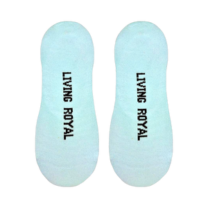 Flatlay image showing the bottoms of the 'Shuh Da Fuh Cup' no-show socks with 'Living Royal' printed on each.