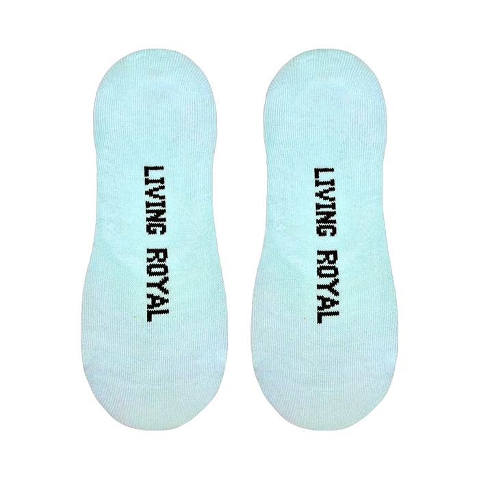 Flatlay image showing the bottoms of the 'Shuh Da Fuh Cup' no-show socks with 'Living Royal' printed on each.