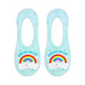 Another flatlay showcasing the socks, clearly displaying the rainbow and text design on a light blue background.
