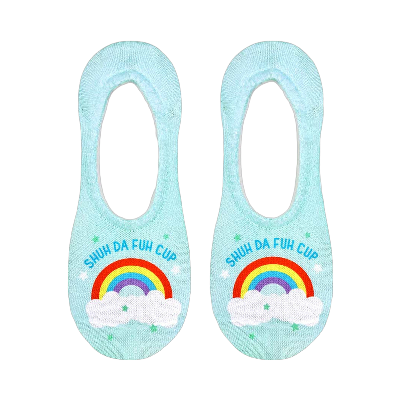 Another flatlay showcasing the socks, clearly displaying the rainbow and text design on a light blue background.