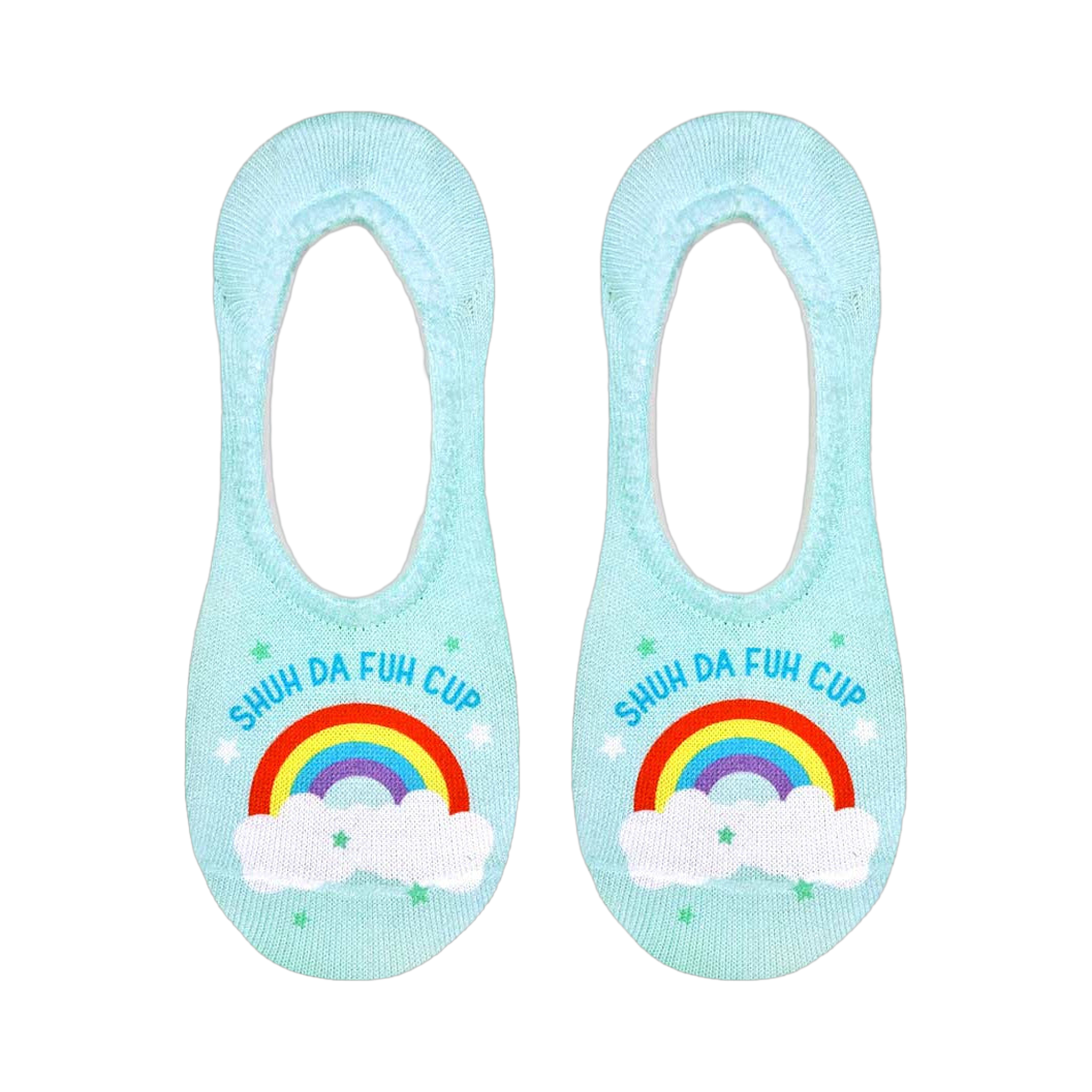 Another flatlay showcasing the socks, clearly displaying the rainbow and text design on a light blue background.