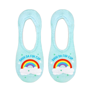 Another flatlay showcasing the socks, clearly displaying the rainbow and text design on a light blue background.