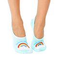 Pair of light blue no-show socks with a rainbow and 'Shuh Da Fuh Cup' text design. [lf]