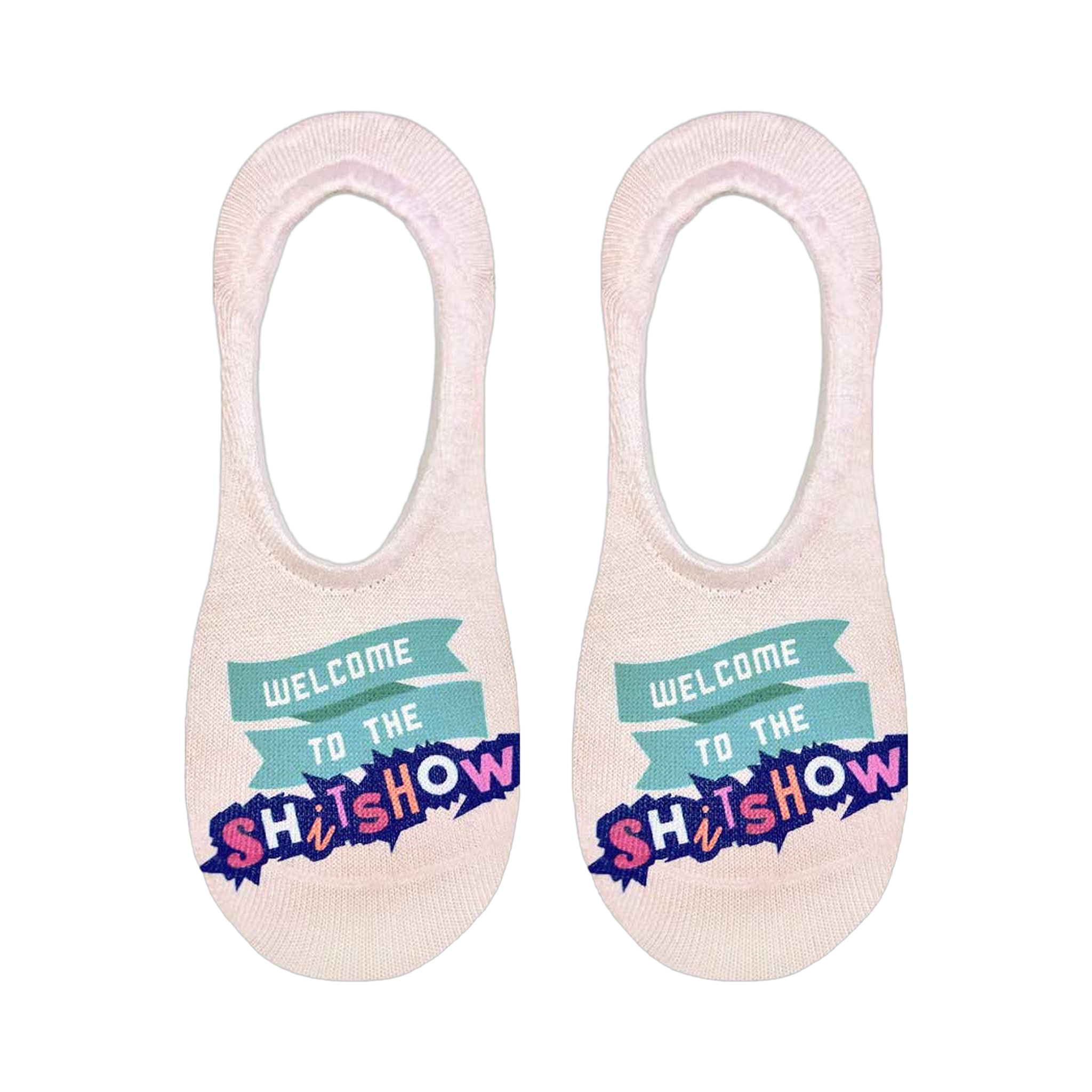 Flat lay product shot of a pair of 'Welcome to the Shitshow' no-show socks.  Shows the sock design clearly.