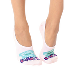 Pair of women's no-show socks in off-white. Feature a teal banner reading 'Welcome to the Shitshow' in a playful font. [lf]