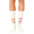 Cream-colored crew socks featuring a repeated design of a middle finger with 'F*ck Politeness' in orange and teal. [lf]
