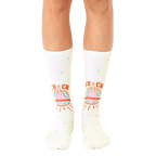 Cream-colored crew socks featuring a repeated design of a middle finger with 'F*ck Politeness' in orange and teal. [lf]