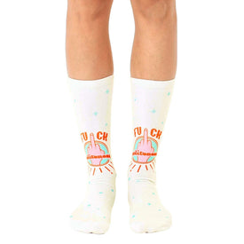white crew socks with colorful middle finger pattern and '{politeness}' word. funny middle finger socks for men and women.    