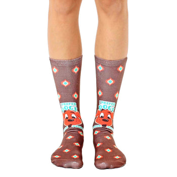 teal diamond pattern crew socks with cartoon dog and "i prefer dogs over people" text   