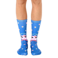 Crew socks in blue with a pink cat face, 'Don't Stress Meowt' text, and teal/white polka dots. [lf]
