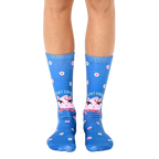 Crew socks in blue with a pink cat face, 'Don't Stress Meowt' text, and teal/white polka dots. [lf]