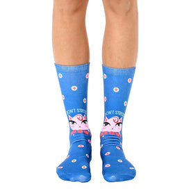 blue crew socks with pink cat face and text "don't stress meowt" for women.   