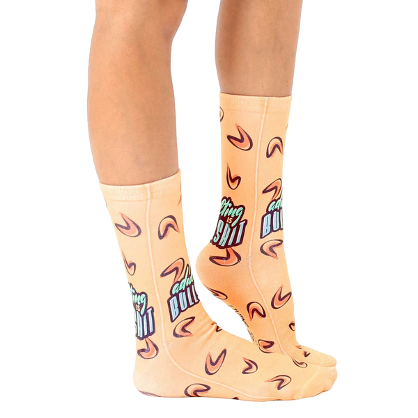 Lifestyle shot of model wearing the 'Adulting is BS' socks, showcasing the fit and style. [lf]