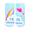 Ankle socks with a pastel blue background, rainbow, pink wine glass, and 'I'm on Cloud Wine' text on a white cloud.