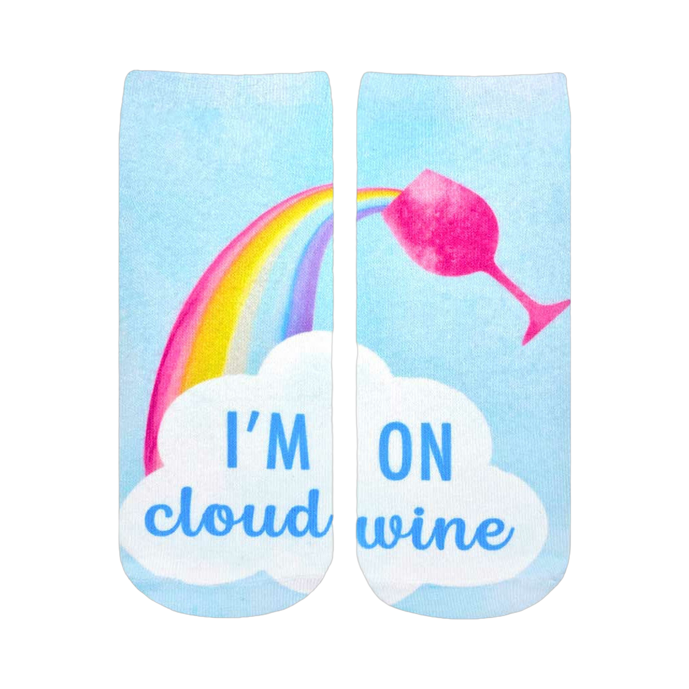 Ankle socks with a pastel blue background, rainbow, pink wine glass, and 'I'm on Cloud Wine' text on a white cloud.