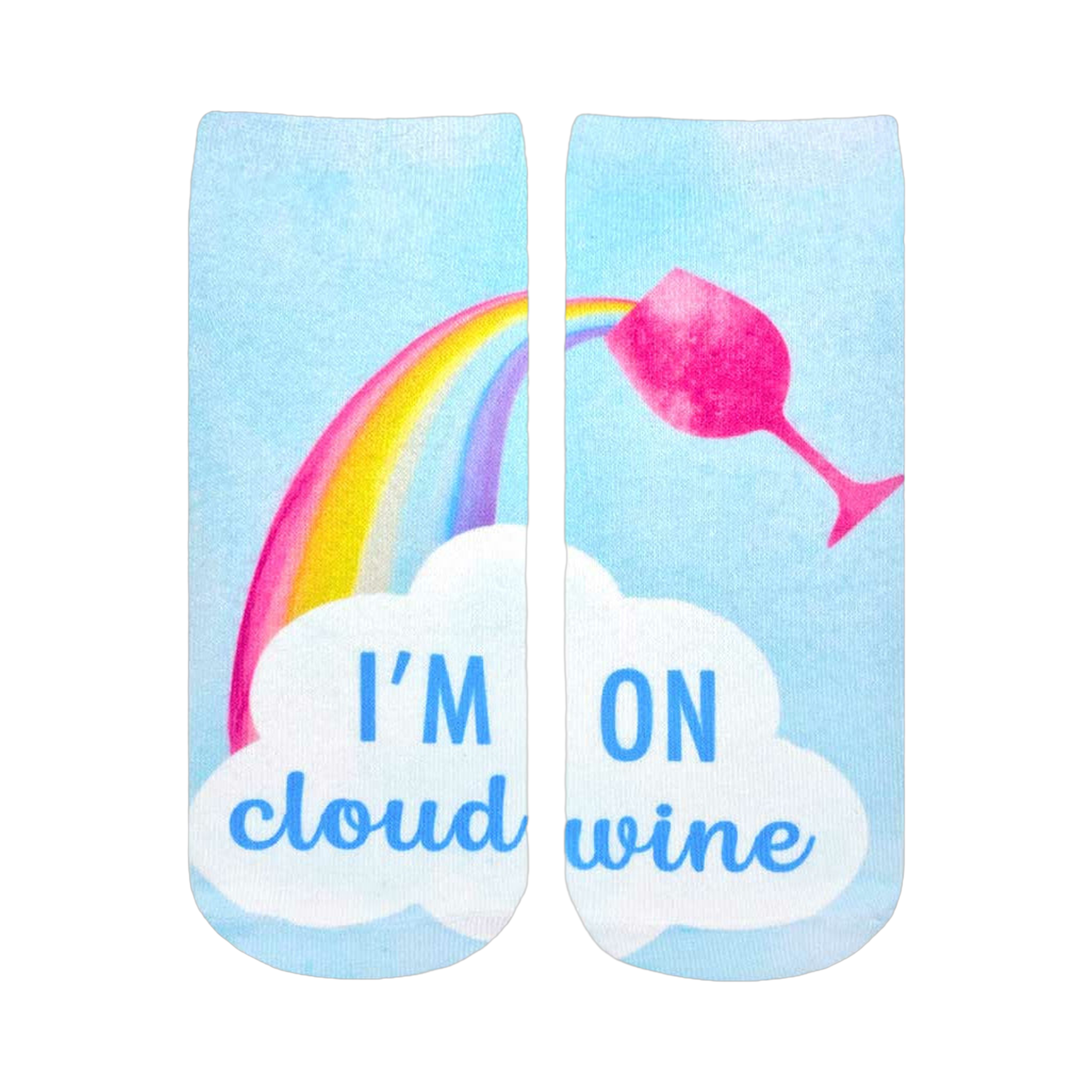 Ankle socks with a pastel blue background, rainbow, pink wine glass, and 'I'm on Cloud Wine' text on a white cloud.