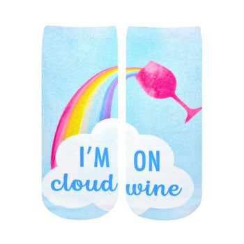 blue ankle socks with rainbow, wine glass, "i'm on cloud wine" text. women's.   