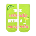 Lime green crew socks featuring a margarita graphic, lime wedge, and the text 'This Senorita Needs a Margarita' in pink and white.