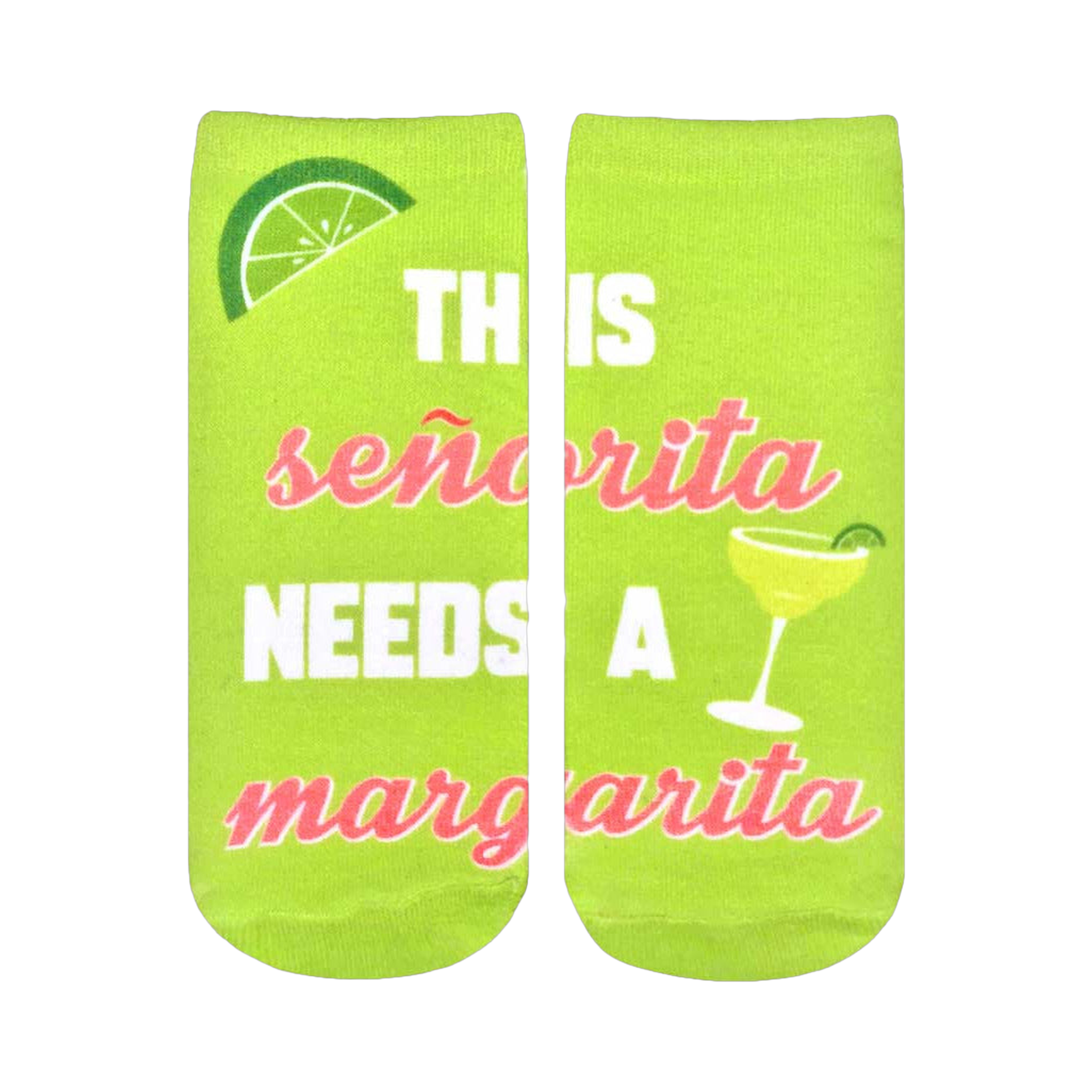 Lime green crew socks featuring a margarita graphic, lime wedge, and the text 'This Senorita Needs a Margarita' in pink and white.