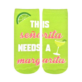  ankle socks for women featuring margarita glass and lime wedge design with the words "this seã±orita needs a margarita."   