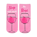 Pair of pink ankle socks featuring a rosé wine glass graphic and the text 'Stop and smell the Rosé'.