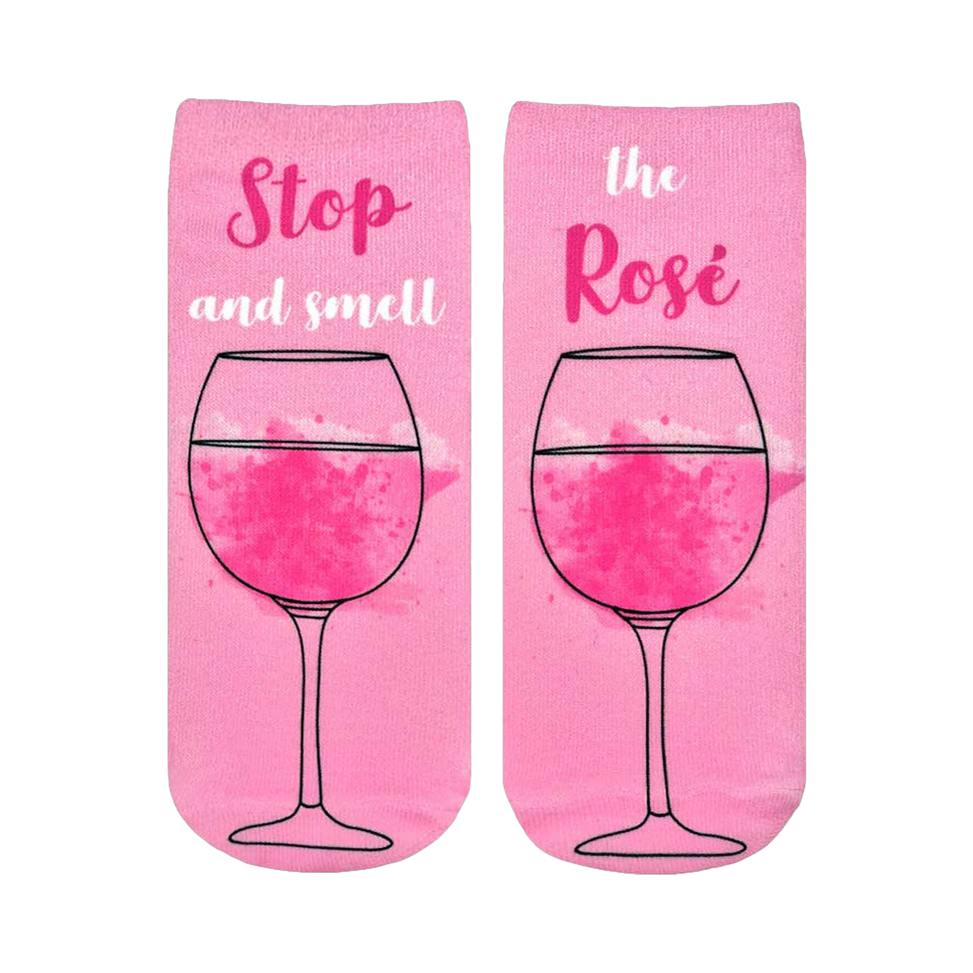 Pair of pink ankle socks featuring a rosé wine glass graphic and the text 'Stop and smell the Rosé'.