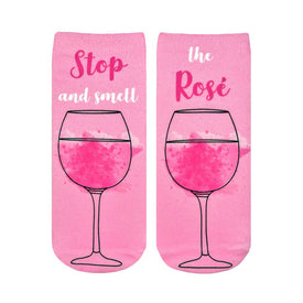 stop and smell the rose wine themed womens pink novelty ankle socks