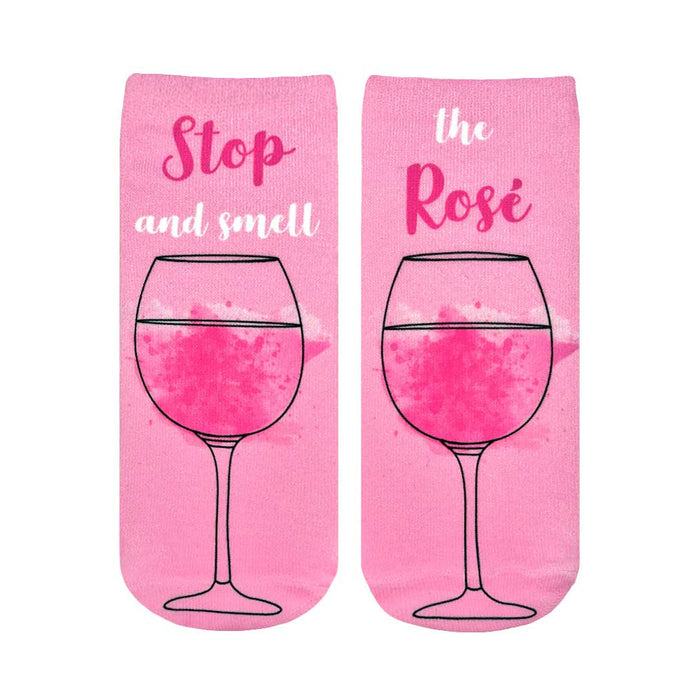 pink womens ankle socks with black outline of wine glass and 