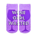 Purple ankle socks with a sparkly silver 'Wine Girl Wasted' design and purple wine glass silhouettes.
