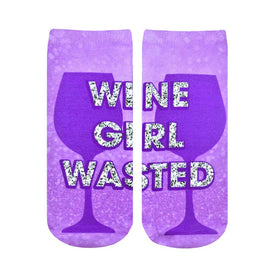   purple ankle socks with glittery silver text that says 'wine', 'girl', and 'wasted'. wine glass graphic on each sock.  