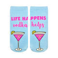 Pair of light blue ankle socks with a pink cocktail and the text "Life happens, vodka helps." [lf]